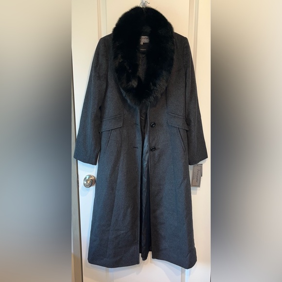 NWT Forecaster of Boston grey & black fox fur collar maxi Wool coat size 4 - Picture 3 of 6